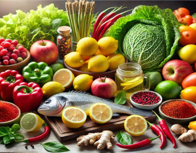 Assortiment d’aliments naturels comme citron, thé vert, pommes, gingembre et légumes verts, symbolisant une alimentation saine et équilibrée