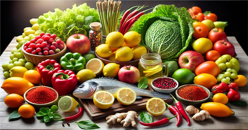 Assortiment d’aliments naturels comme citron, thé vert, pommes, gingembre et légumes verts, symbolisant une alimentation saine et équilibrée