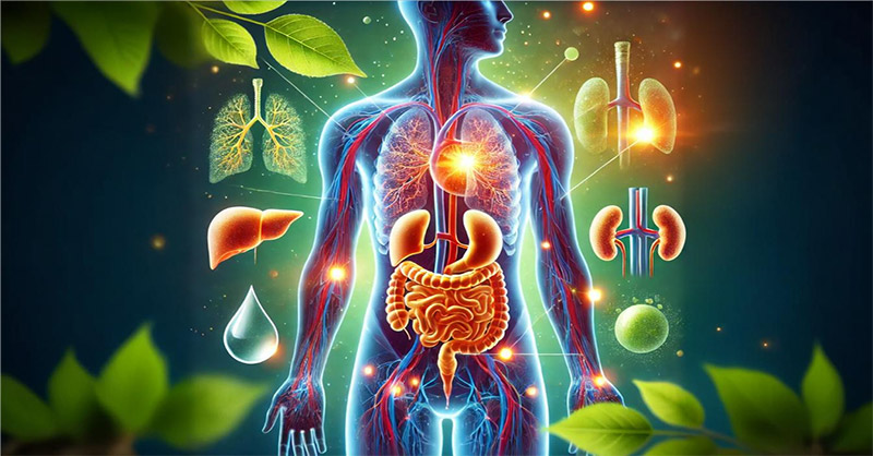 une image représentant le processus de détoxication dans le corps humain, avec les principaux organes mis en lumière et des éléments naturels symbolisant la pureté et la santé