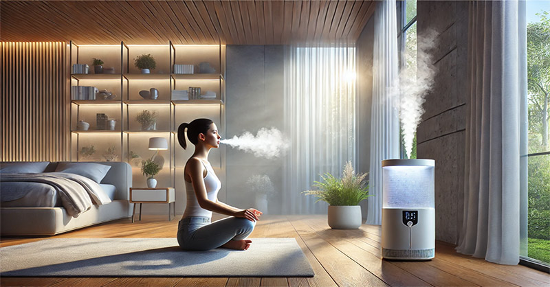 Une image illustrant un environnement intérieur serein où une personne pratique des exercices de respiration, accompagnée d'un humidificateur et d'un purificateur d'air, pour encourager une meilleure santé respiratoire car prendre soin de ses poumons est important.