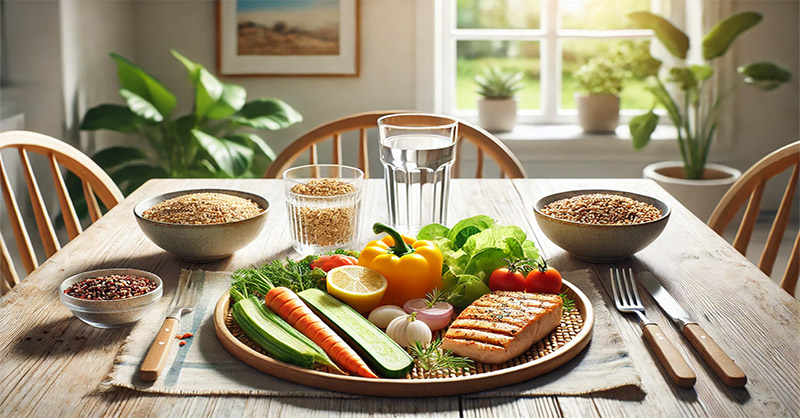 Une image qui illustre le fait de prendre soin de son corps en prenant une alimentation équilibrée, avec des légumes colorés, des protéines grillées et des grains entiers. Parfait pour inspirer des repas sains !