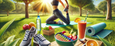 Une image illustrant le fait de prendre soin de son corps. Elle capture un mode de vie sain avec des éléments comme le sport, une alimentation équilibrée et un cadre naturel apaisant.