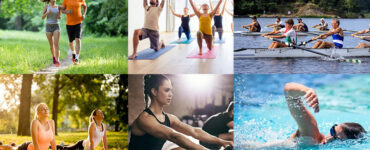 Sport : montage avec différentes activités sportives cours, musculation, yoga, natation… pour montrer la diversité des sports.